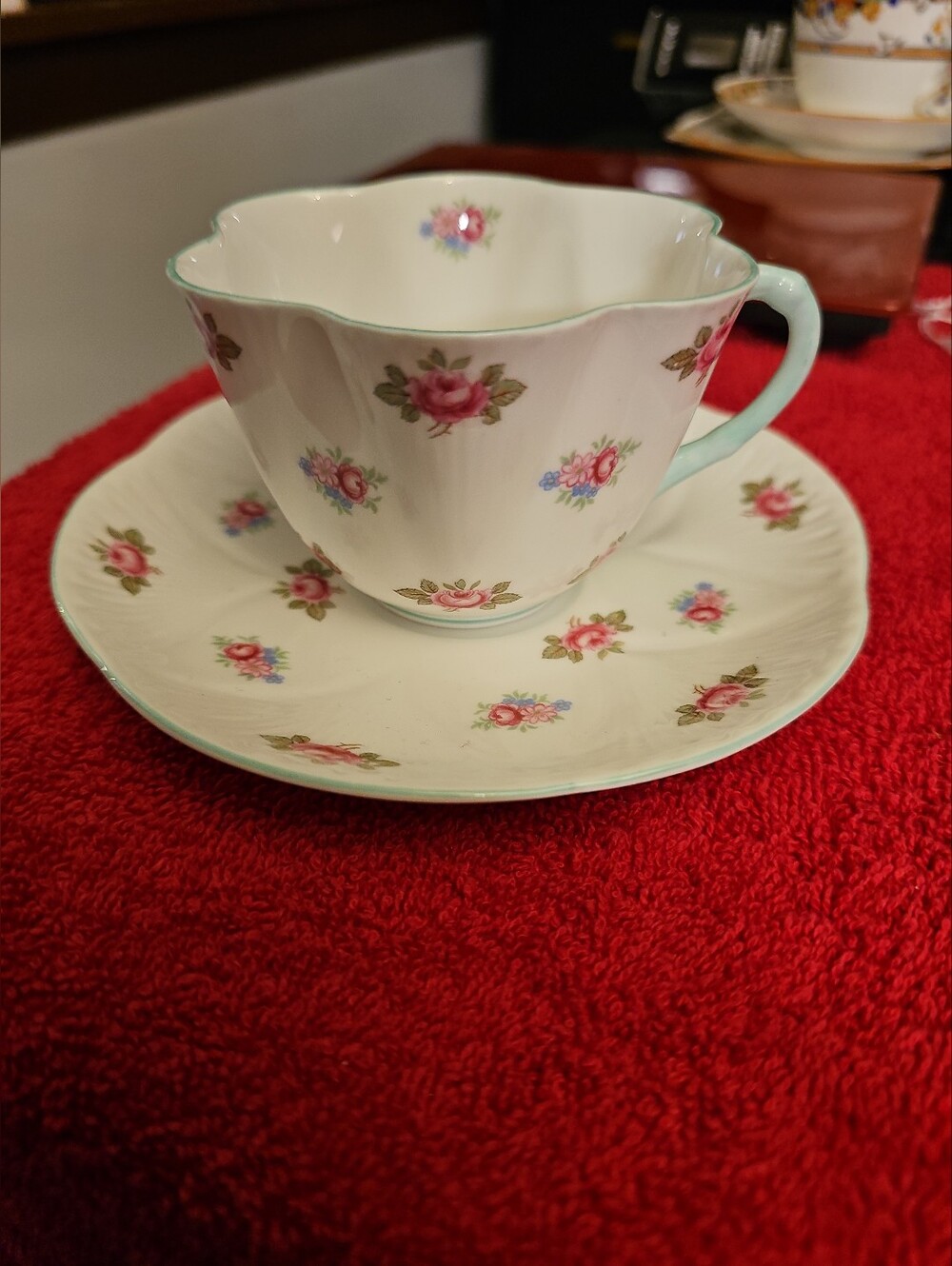 Vintage Shelley ROSEBUD England Bone China Tea Cup & Saucer Blue Trim